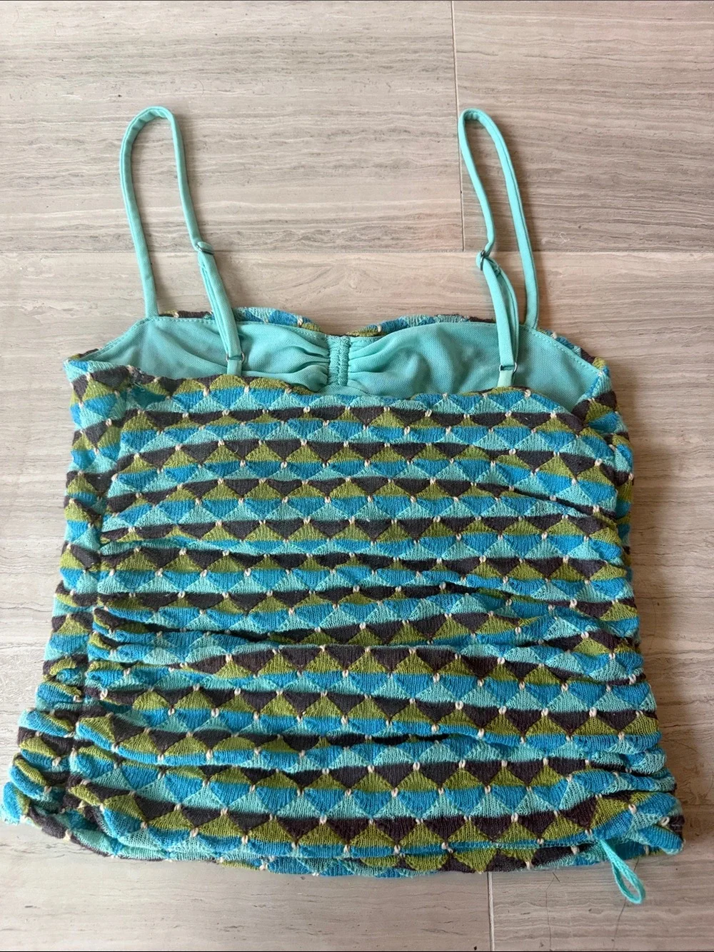 Free People Teal and Olive Geometric Spaghetti-Strap Tank